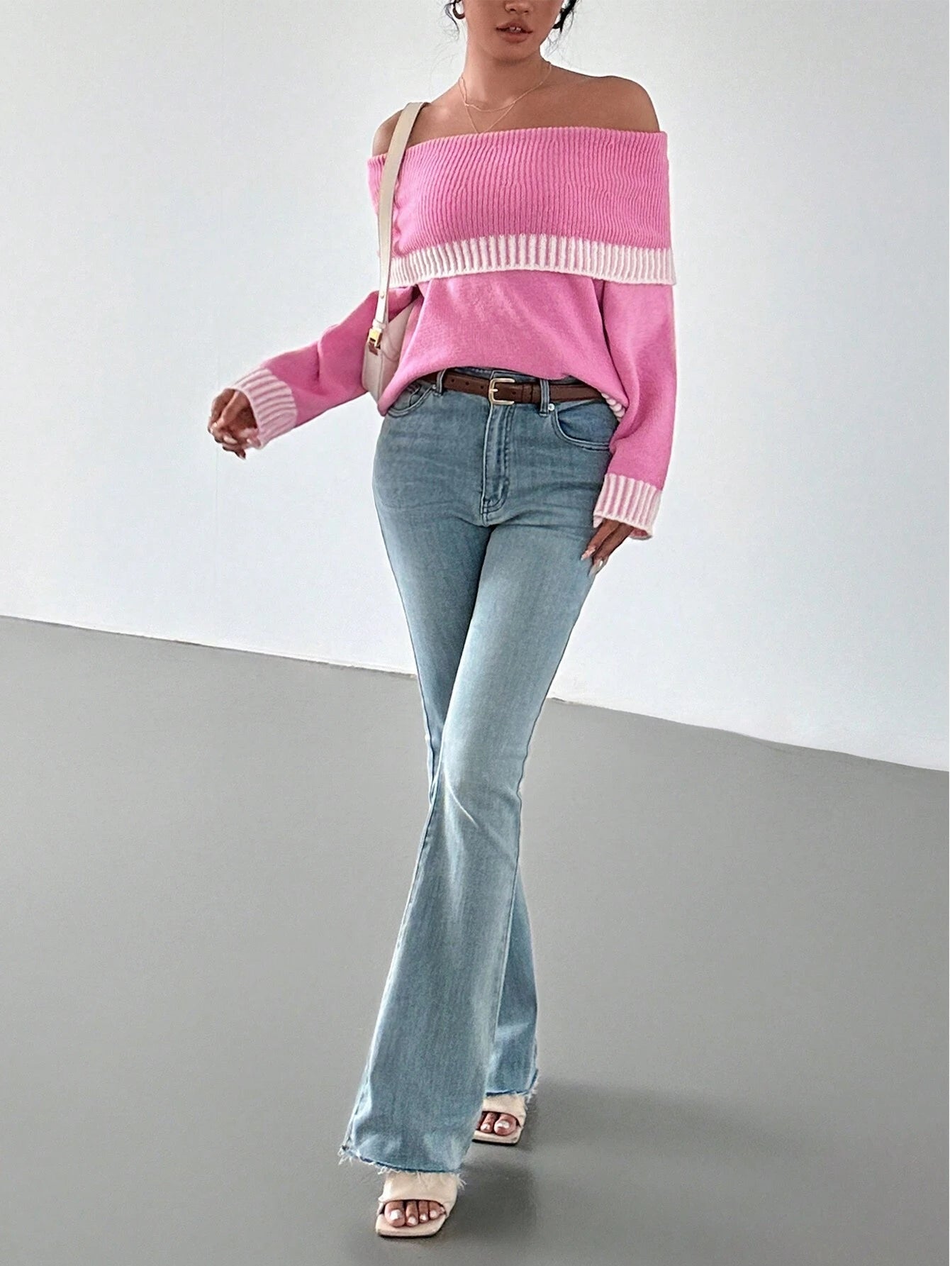 Chiquease Contrast Trim Off-Shoulder Knit Sweater