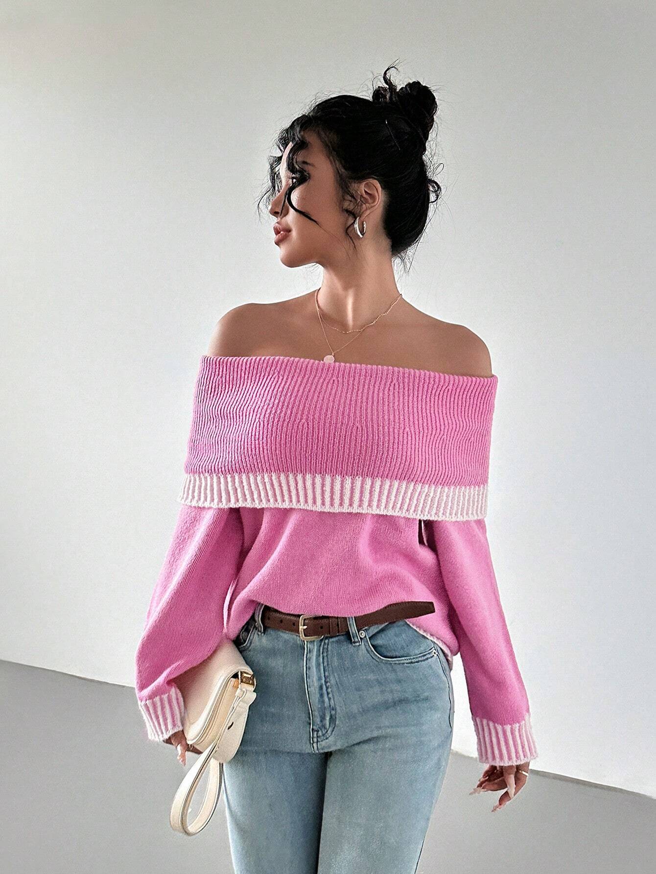 Chiquease Contrast Trim Off-Shoulder Knit Sweater