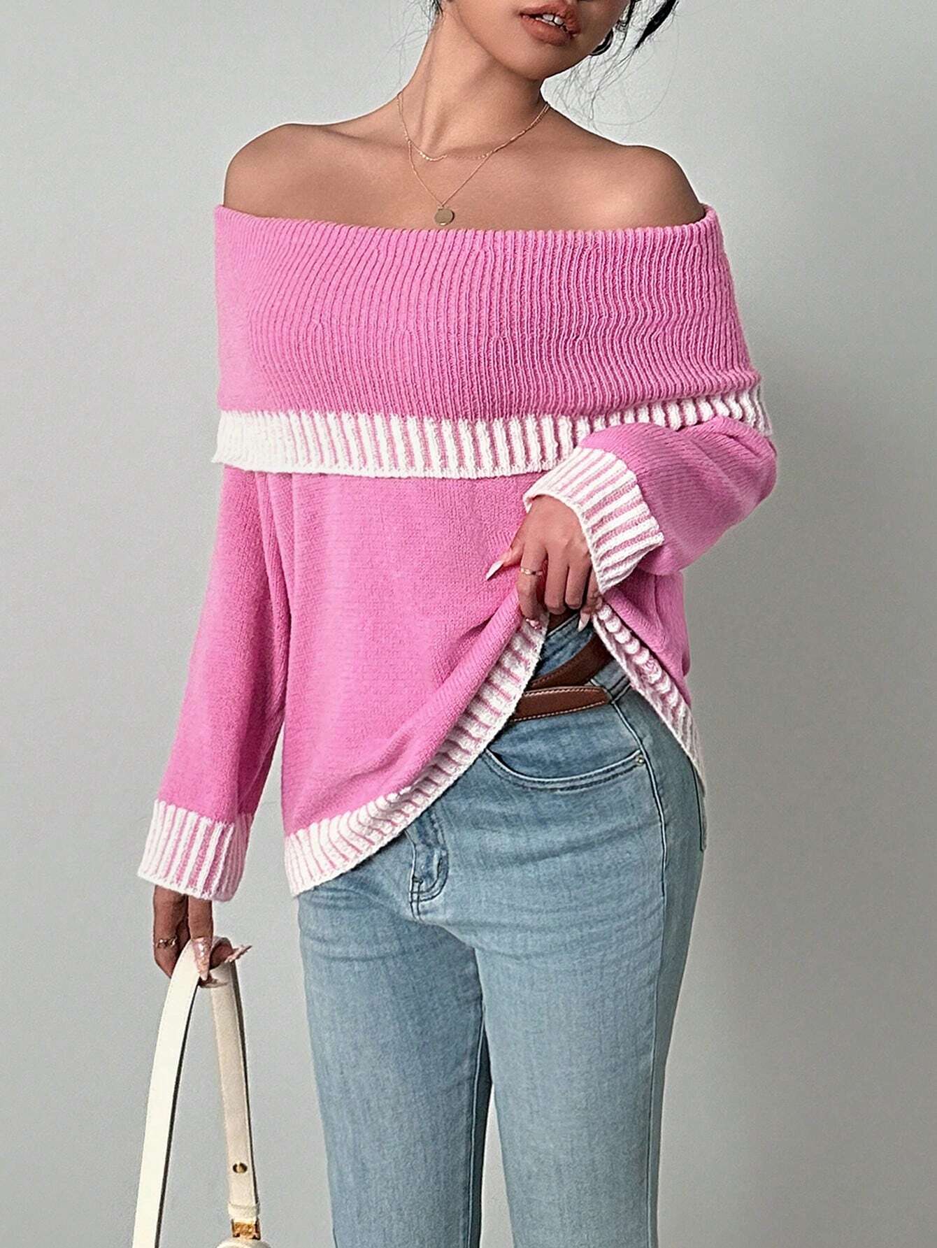 Chiquease Contrast Trim Off-Shoulder Knit Sweater