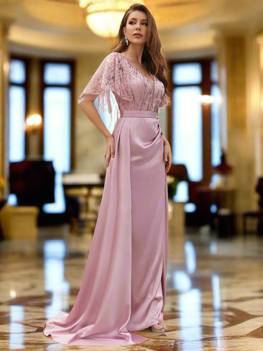 Contrast Lace V-neck Floor Length Formal Bridesmaid Dress - ZEBrand