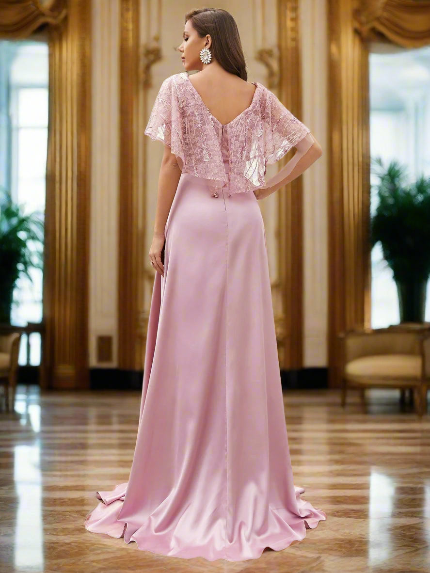 Contrast Lace V-neck Floor Length Formal Bridesmaid Dress - ZEBrand