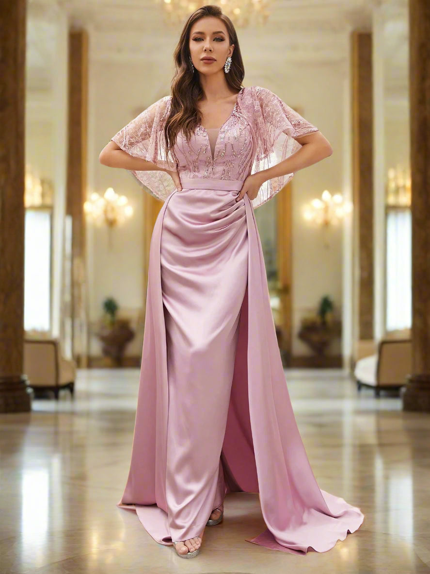 Contrast Lace V-neck Floor Length Formal Bridesmaid Dress - ZEBrand