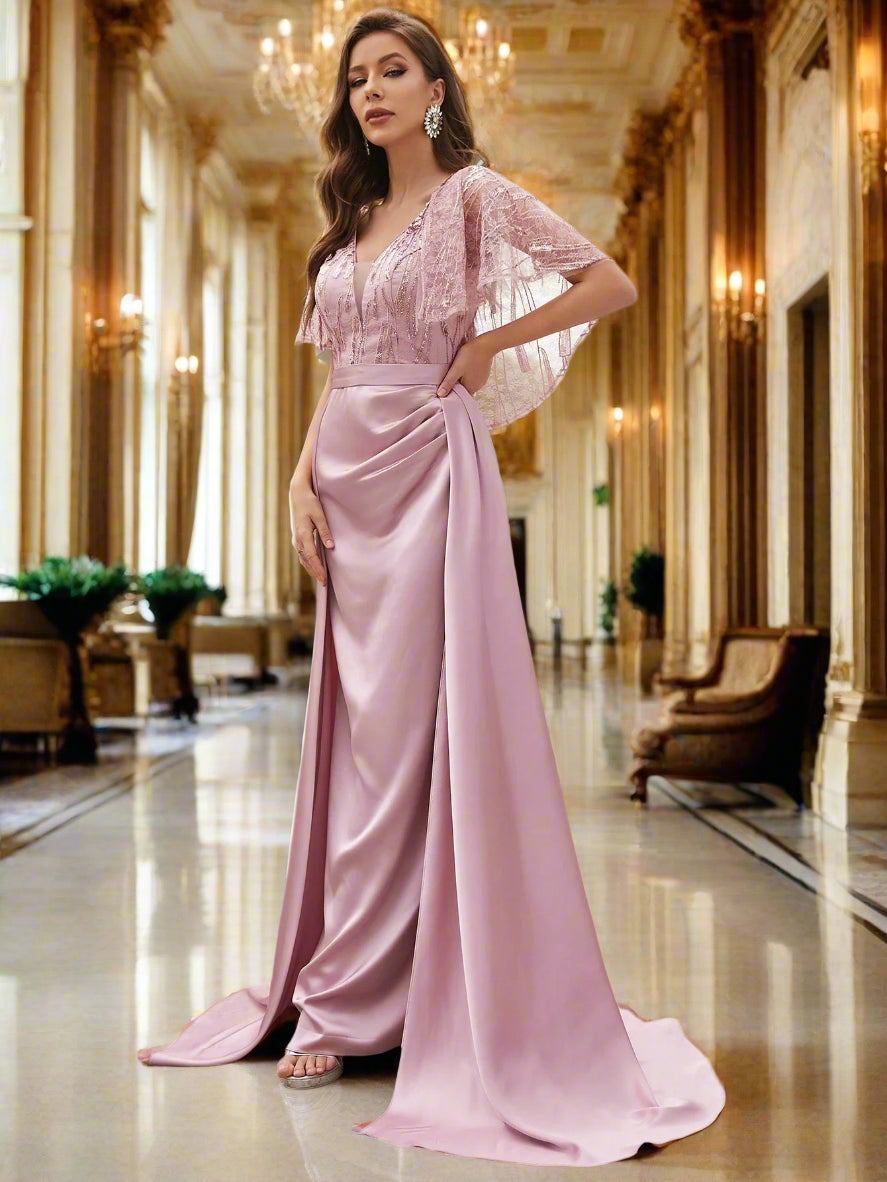 Contrast Lace V-neck Floor Length Formal Bridesmaid Dress - ZEBrand