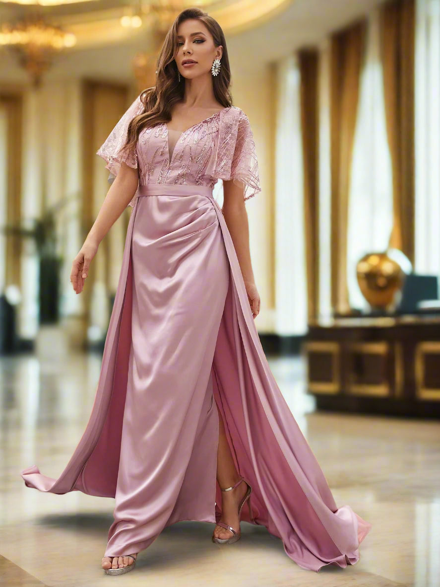 Contrast Lace V-neck Floor Length Formal Bridesmaid Dress - ZEBrand