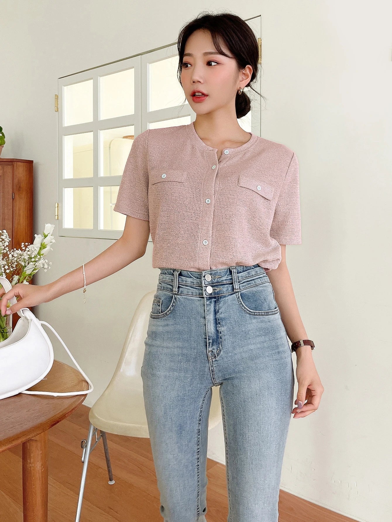 SHEIN DAZY Button Front Flap Detail Tee