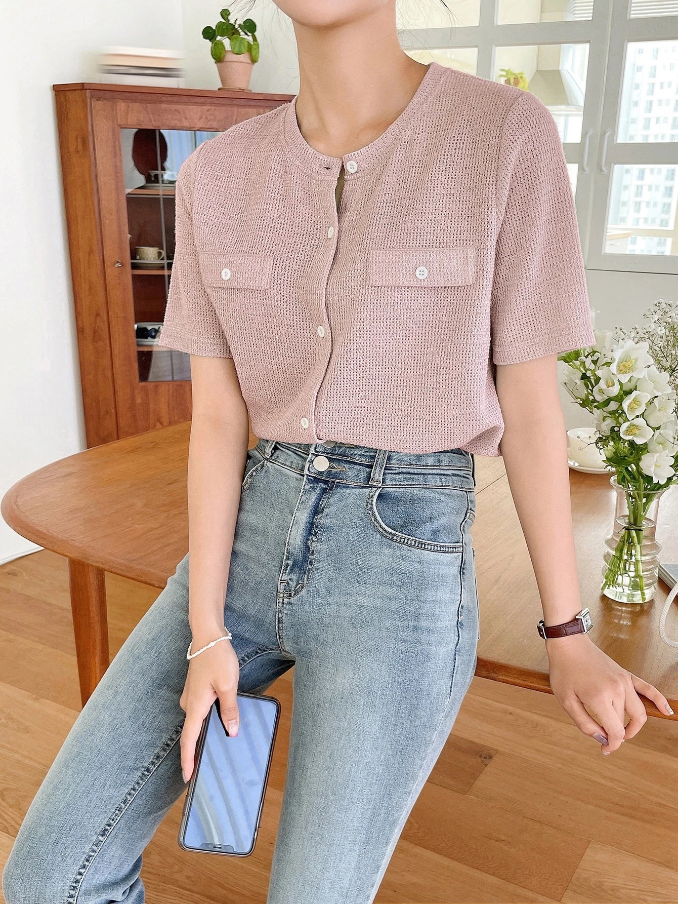 SHEIN DAZY Button Front Flap Detail Tee