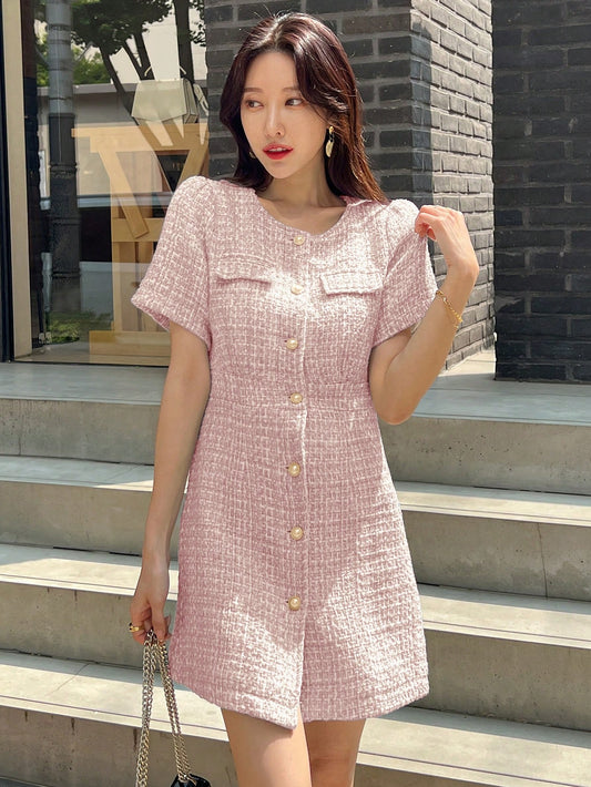 SHEIN DAZY Flap Detail Button Front Tweed Dress