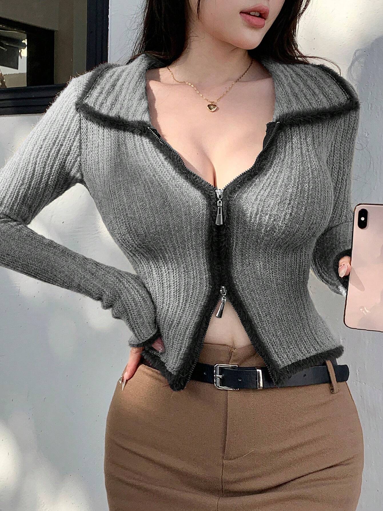 DAZY – Fluffy Color Block Zip-Up Cardigan