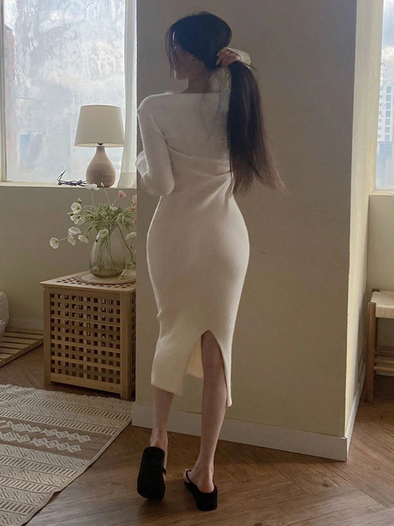 SHEIN DAZY Ribbed Knit Split-Back Sweater Dress