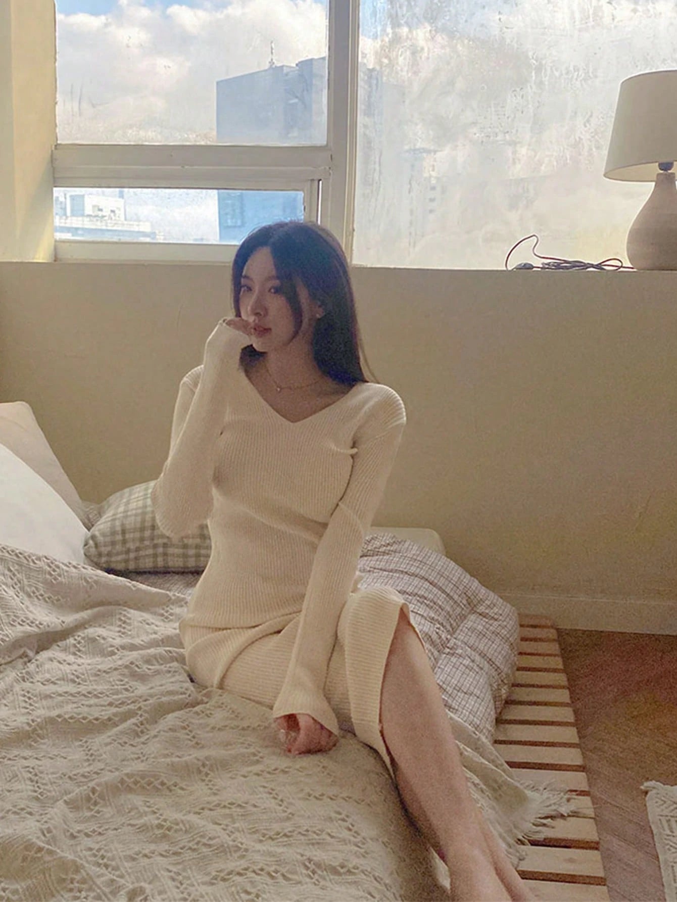 SHEIN DAZY Ribbed Knit Split-Back Sweater Dress