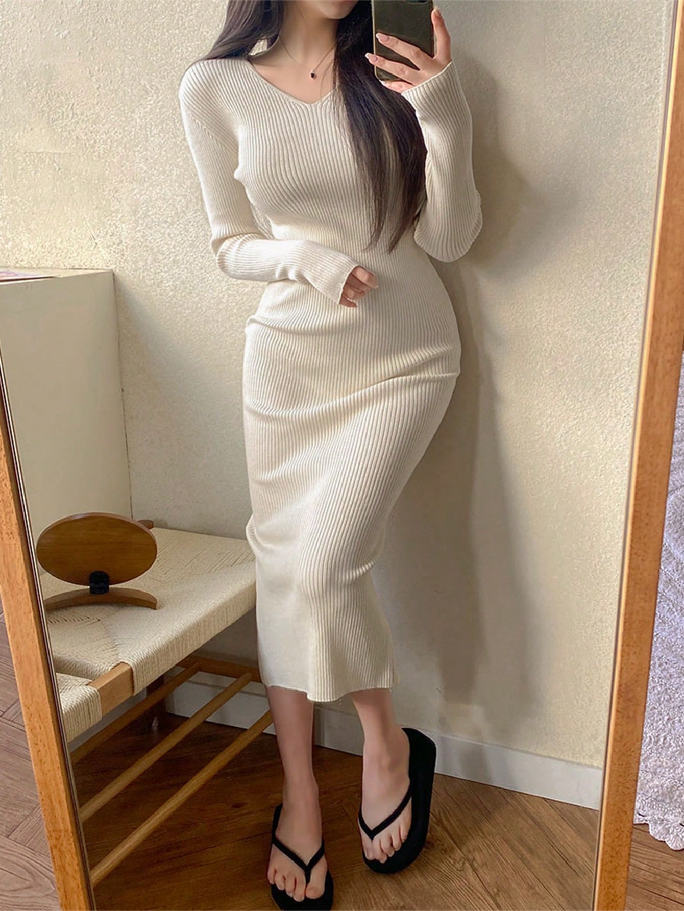 SHEIN DAZY Ribbed Knit Split-Back Sweater Dress