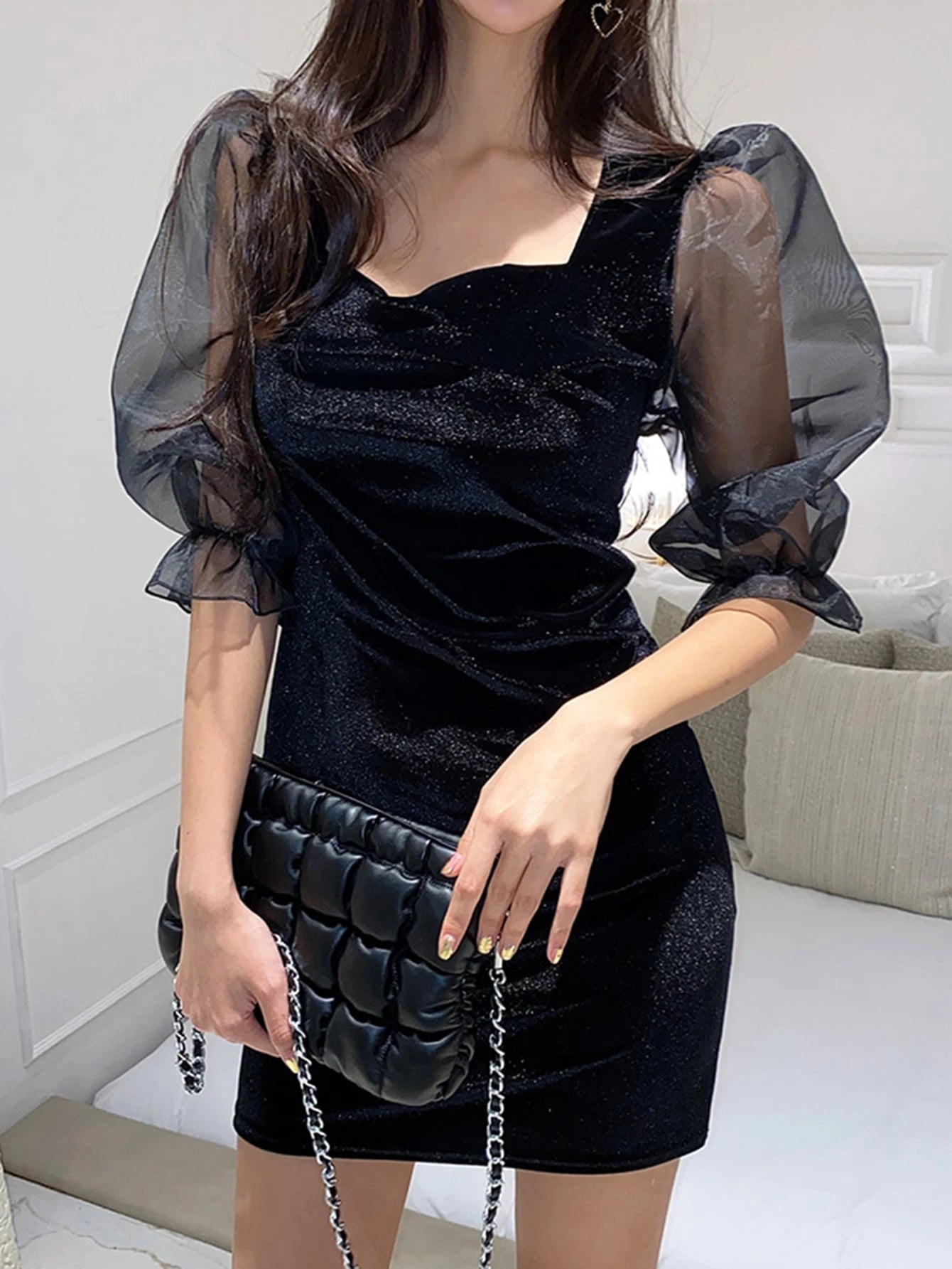 DAZY - Sweetheart Neck Contrast Mesh Puff Sleeve Mini Dress