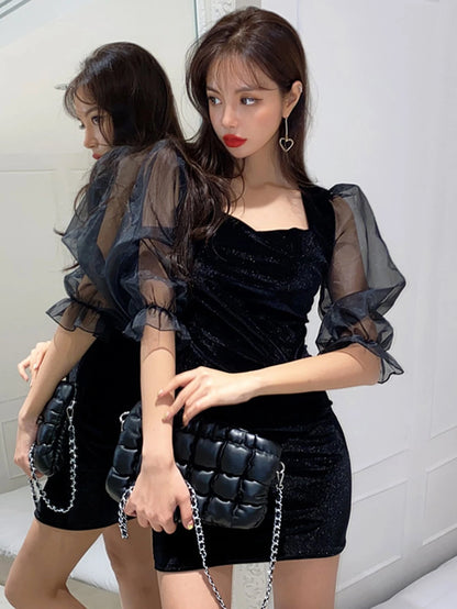 DAZY - Sweetheart Neck Contrast Mesh Puff Sleeve Mini Dress