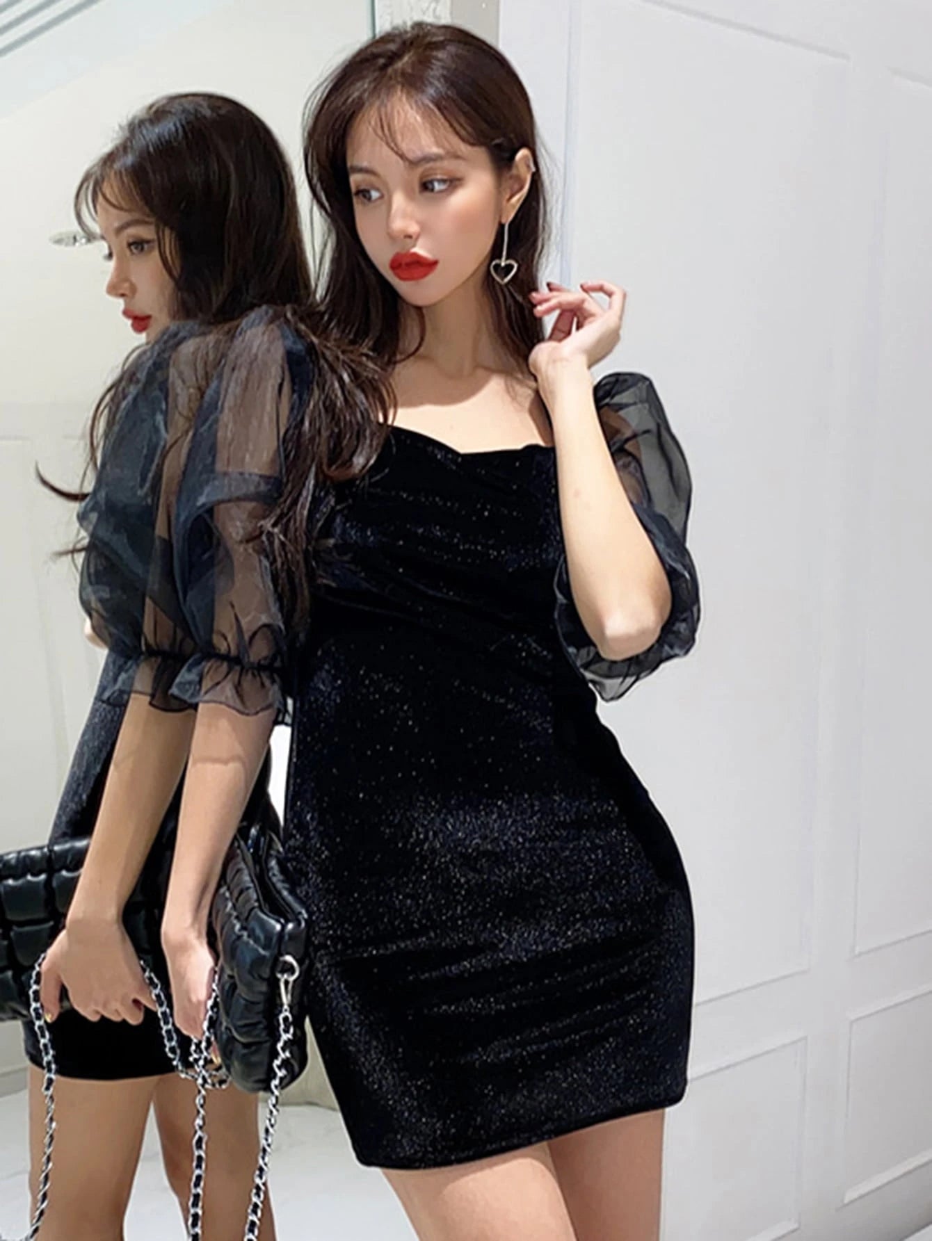 DAZY - Sweetheart Neck Contrast Mesh Puff Sleeve Mini Dress