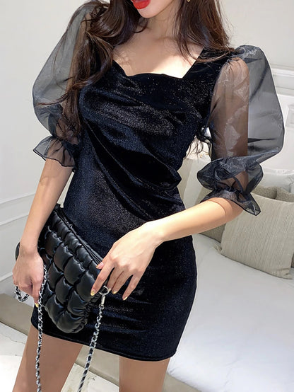 DAZY - Sweetheart Neck Contrast Mesh Puff Sleeve Mini Dress