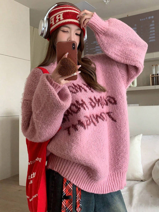 DAZY Women Letter Pattern Casual Knitted Pink Sweater