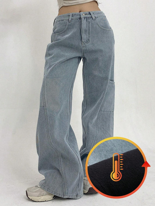 SHEIN DAZY Casual Washed Wide Leg Thick Denim Jeans