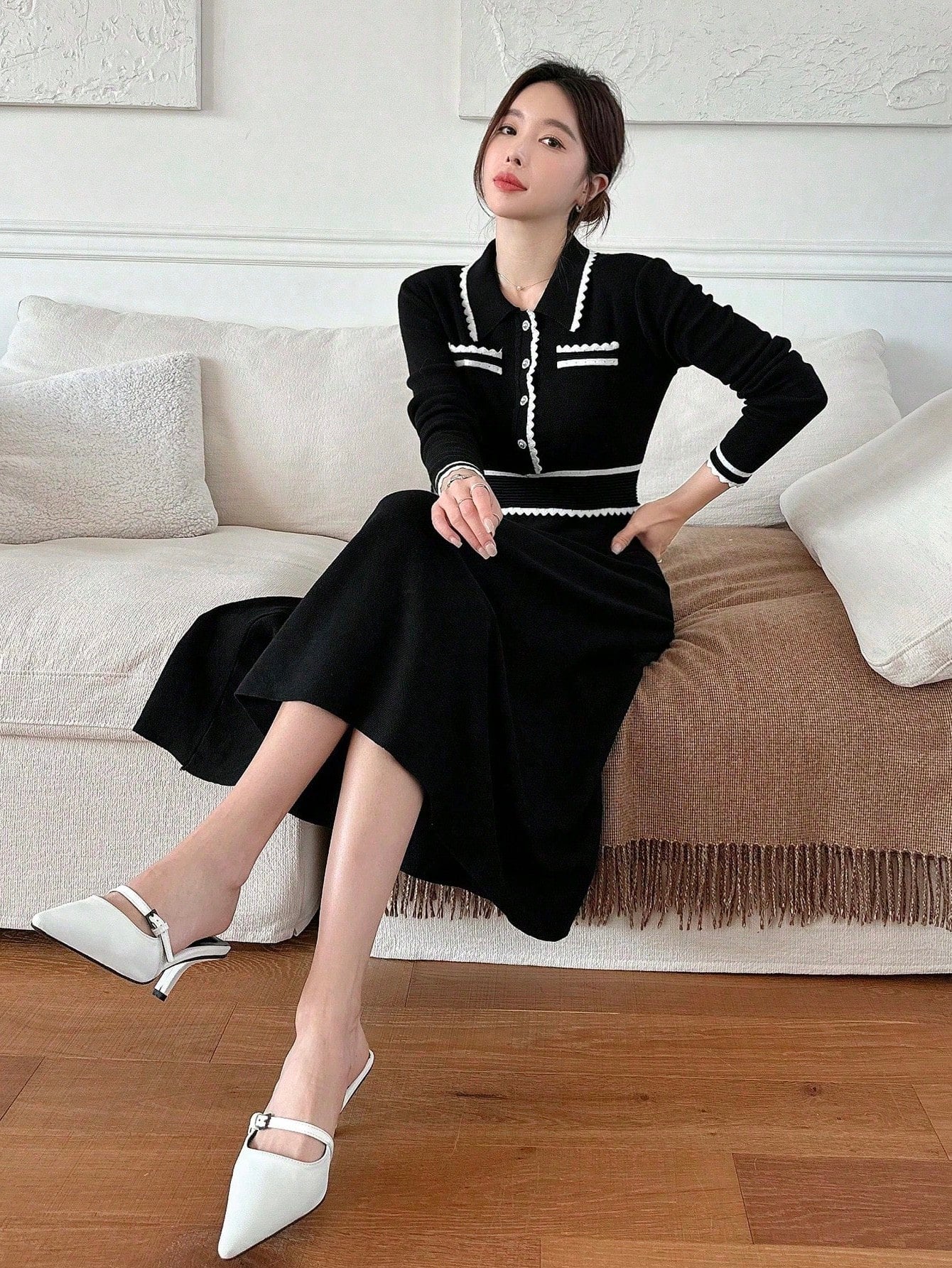 DAZY Colorblock Button Half-Placket Knit Sweater Dress