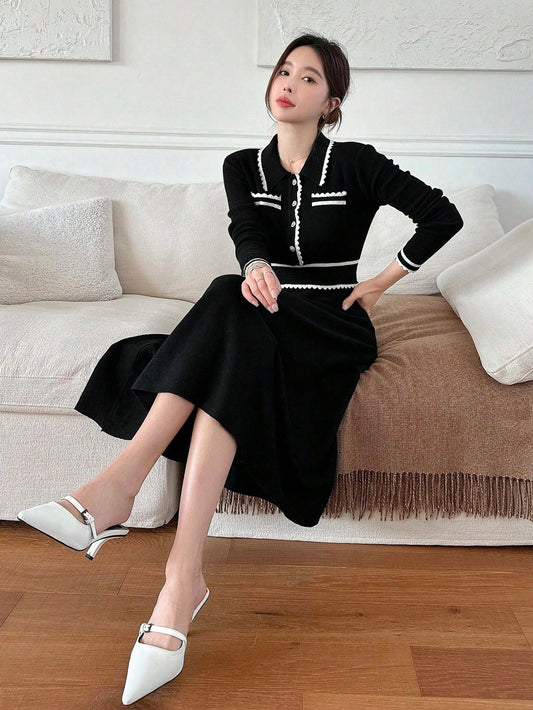 DAZY Colorblock Button Half-Placket Knit Sweater Dress