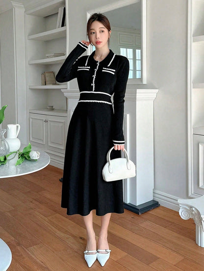 DAZY Colorblock Button Half-Placket Knit Sweater Dress