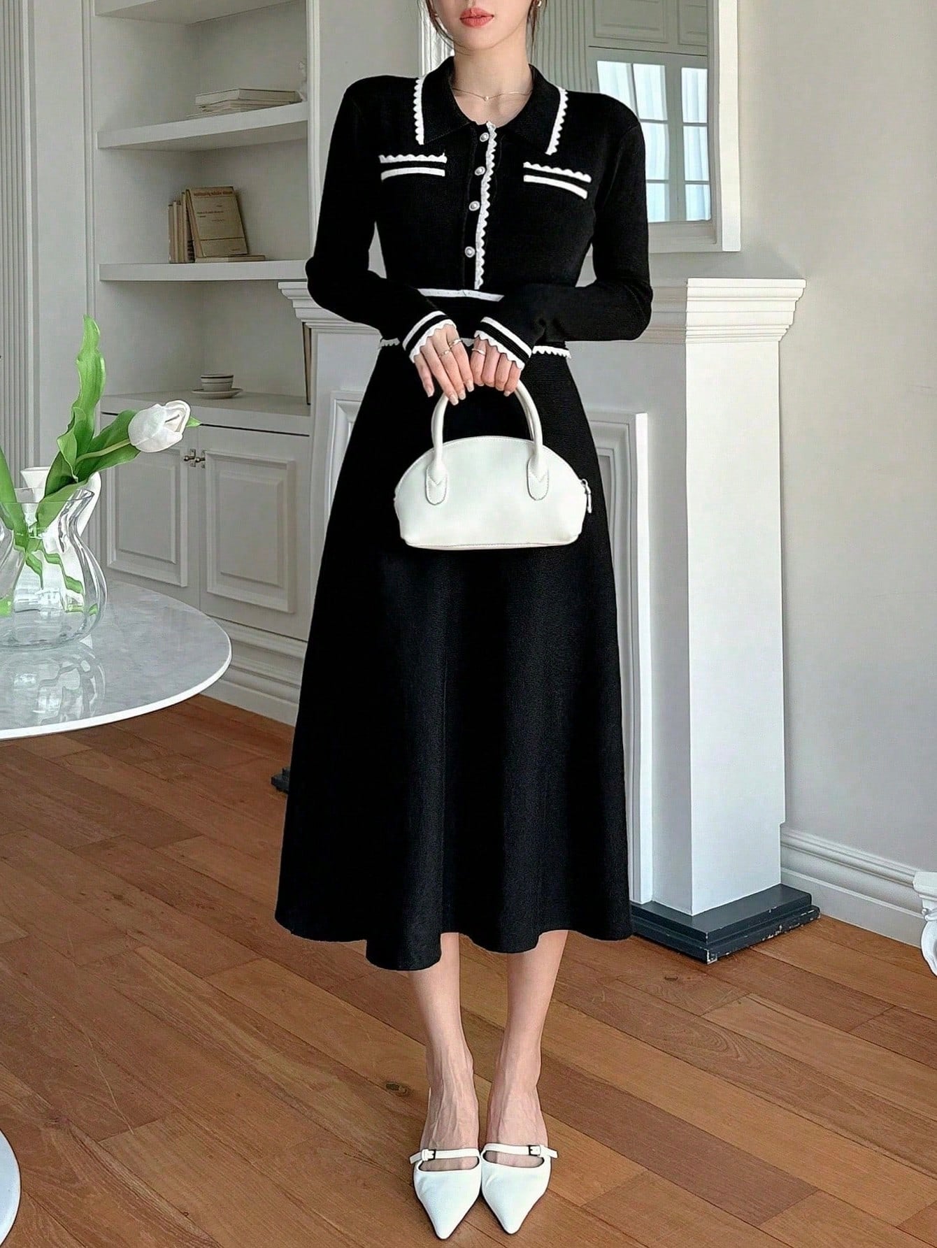 DAZY Colorblock Button Half-Placket Knit Sweater Dress