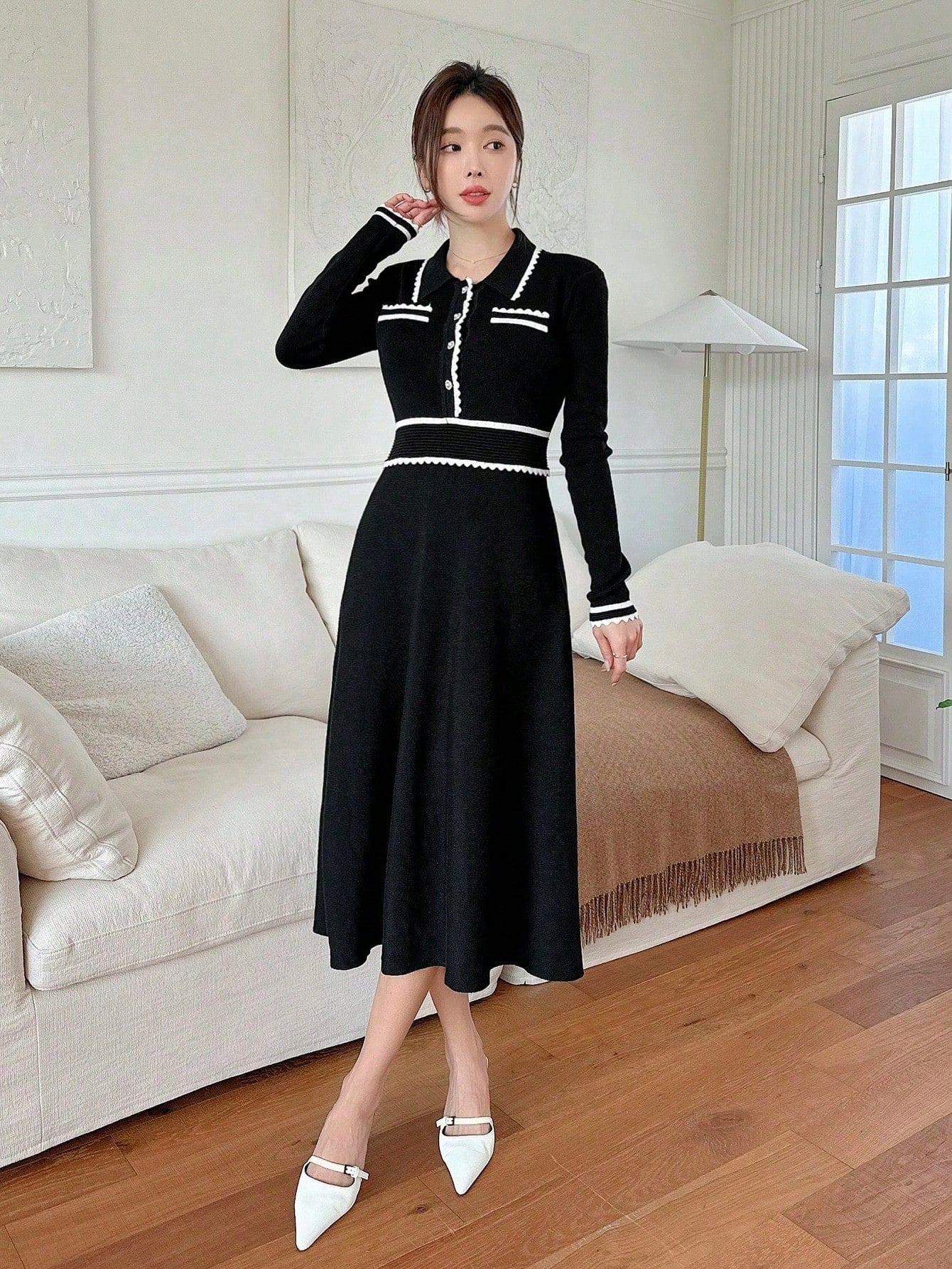 DAZY Colorblock Button Half-Placket Knit Sweater Dress