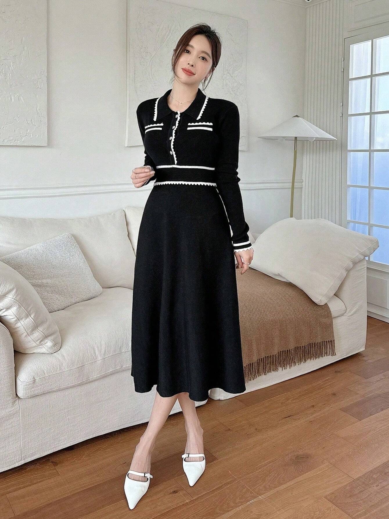 DAZY Colorblock Button Half-Placket Knit Sweater Dress