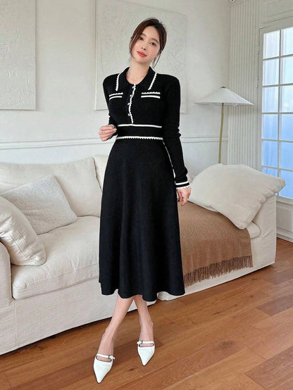 DAZY Colorblock Button Half-Placket Knit Sweater Dress