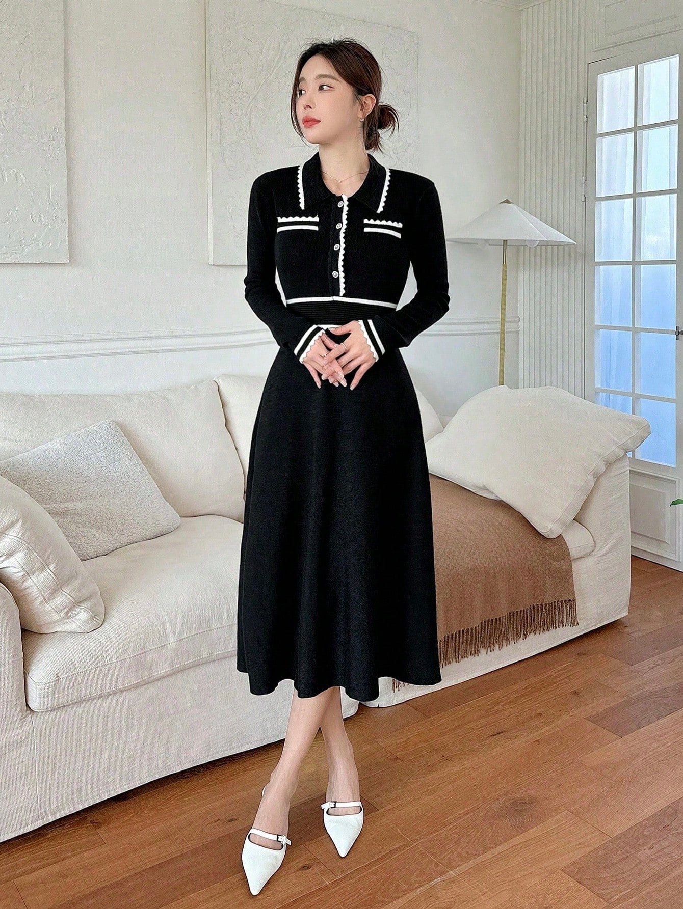 DAZY Colorblock Button Half-Placket Knit Sweater Dress