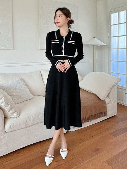 DAZY Colorblock Button Half-Placket Knit Sweater Dress