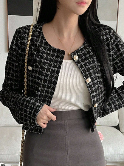DAZY - Plaid Round Neck Stylish Short Cardigan Jacket