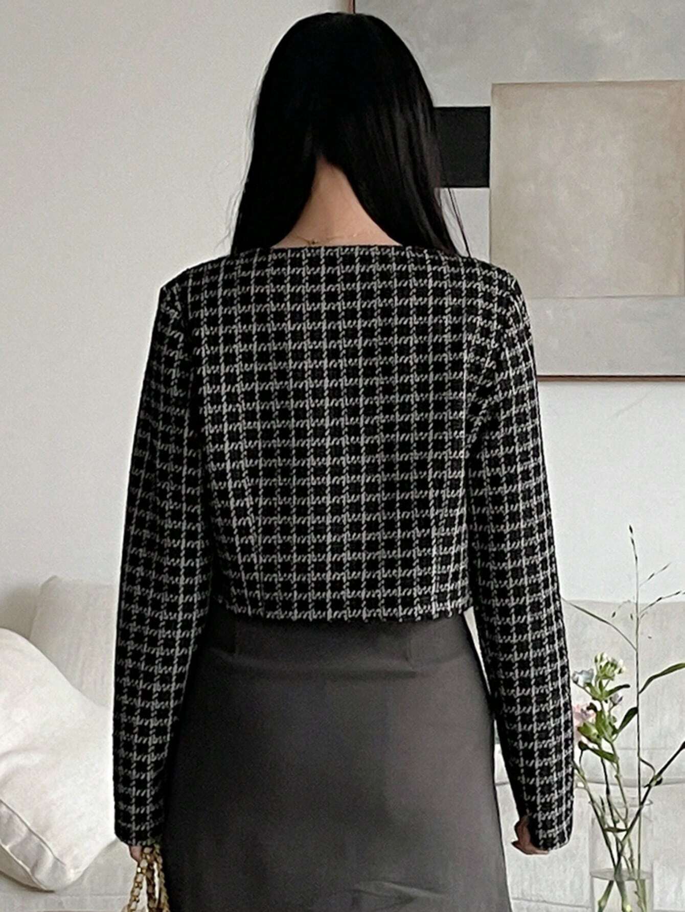 DAZY - Plaid Round Neck Stylish Short Cardigan Jacket