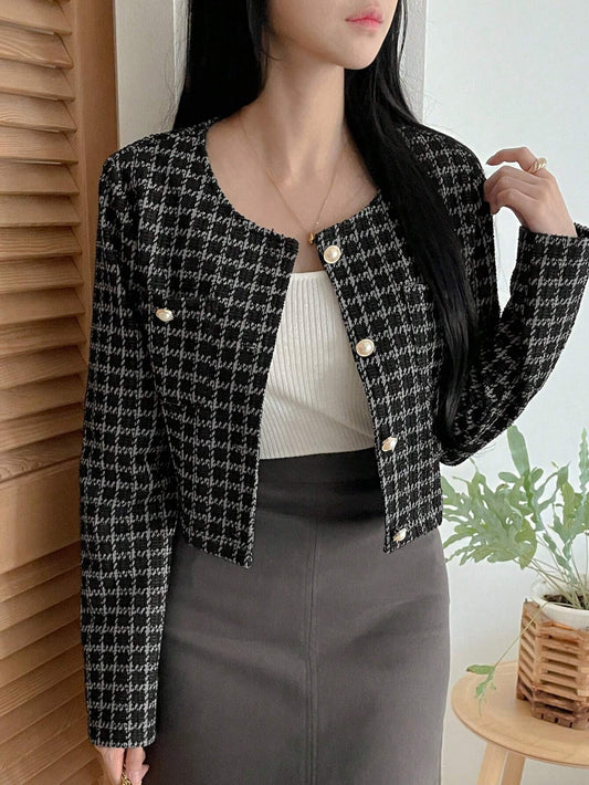 DAZY - Plaid Round Neck Stylish Short Cardigan Jacket