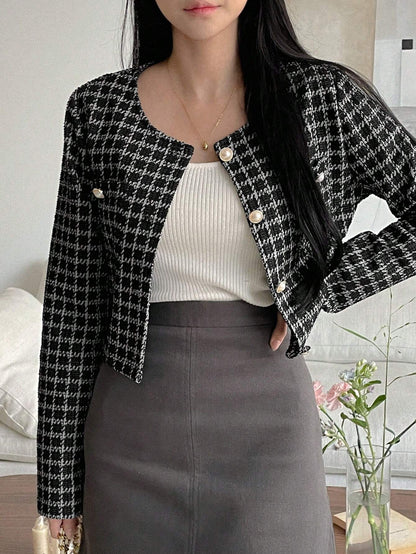 DAZY - Plaid Round Neck Stylish Short Cardigan Jacket