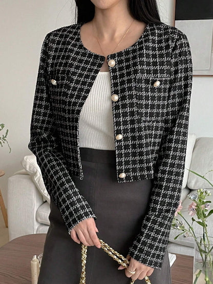 DAZY - Plaid Round Neck Stylish Short Cardigan Jacket