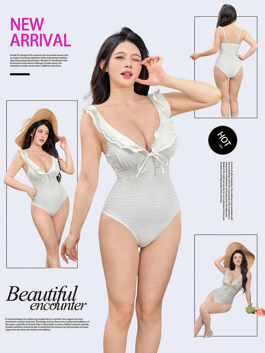 SHEIN DAZY Ruffle V-Neck Bow One-Piece Swimsuit – Off White