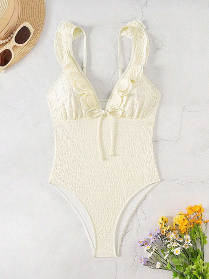 SHEIN DAZY Ruffle V-Neck Bow One-Piece Swimsuit – Off White