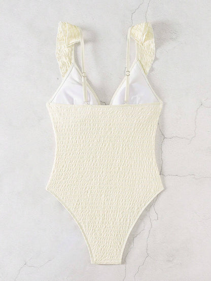 SHEIN DAZY Ruffle V-Neck Bow One-Piece Swimsuit – Off White