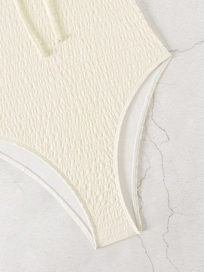 SHEIN DAZY Ruffle V-Neck Bow One-Piece Swimsuit – Off White