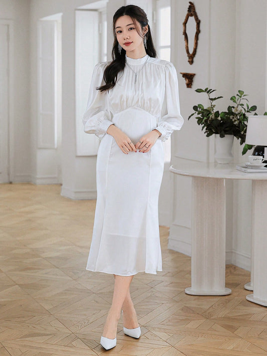 DAZY SILKY STAND COLLAR FISHTAIL DRESS