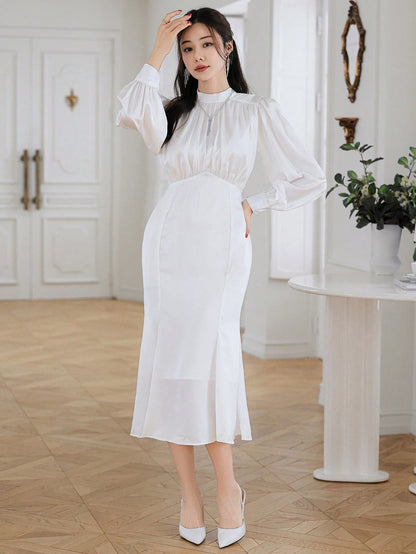 DAZY SILKY STAND COLLAR FISHTAIL DRESS