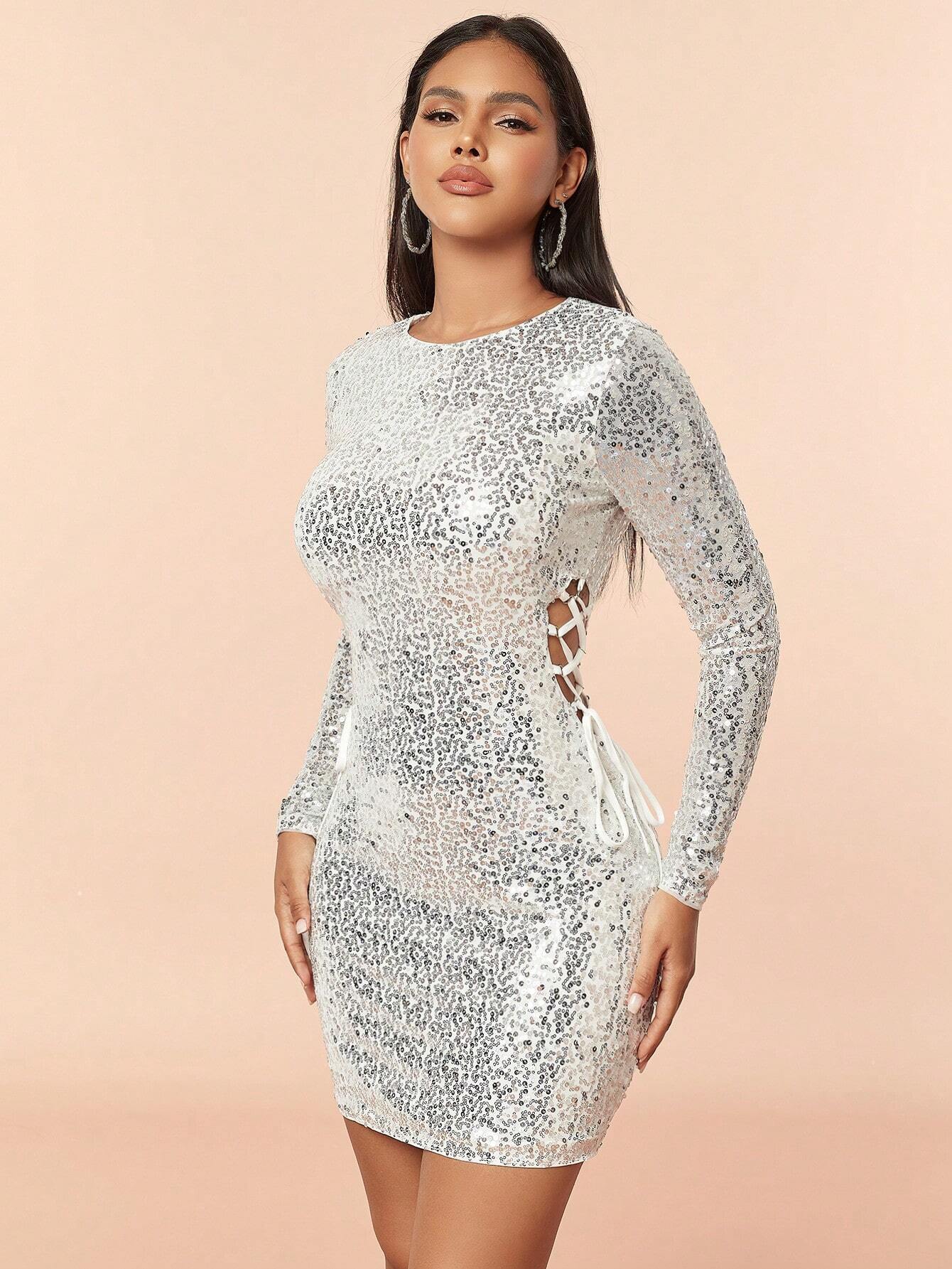 D&M Sexy Slim-fit Hollow Out Crossed Strap Party Dress With Sequin Embellishment For Women - ZEBrand