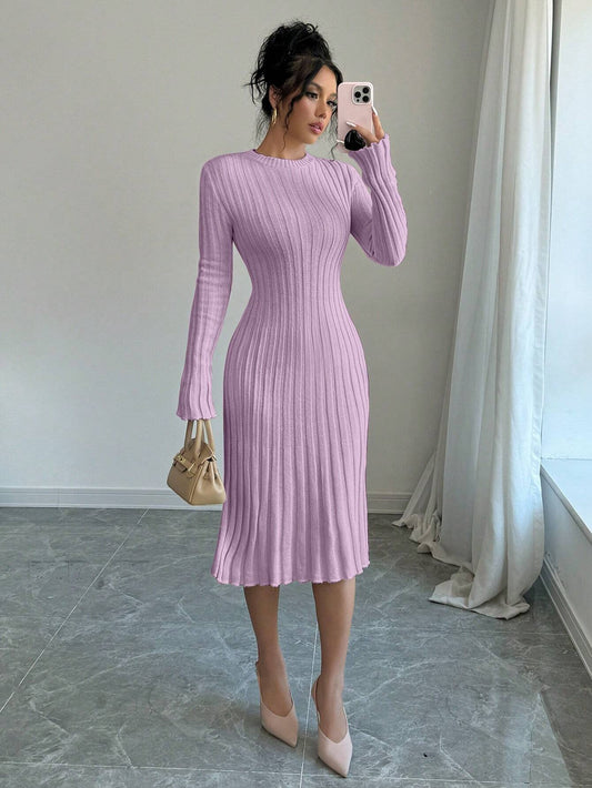 Elenzga Elegant Long Sleeve Round Neck Knit Dress