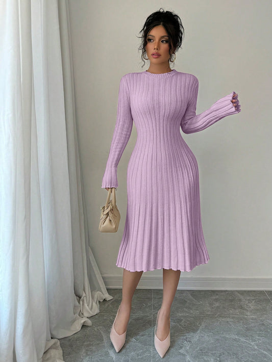 Elenzga Elegant Long Sleeve Round Neck Knit Dress