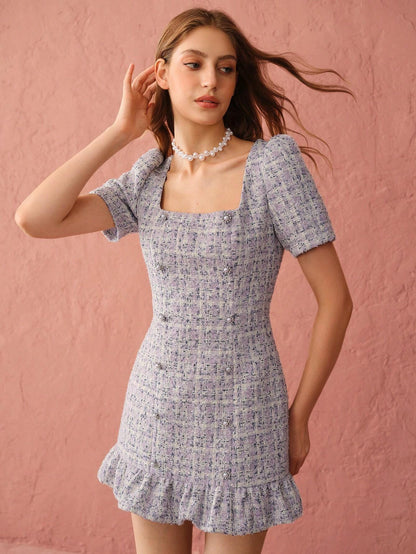 Enchnt Pearl Button Tweed Mini Dress