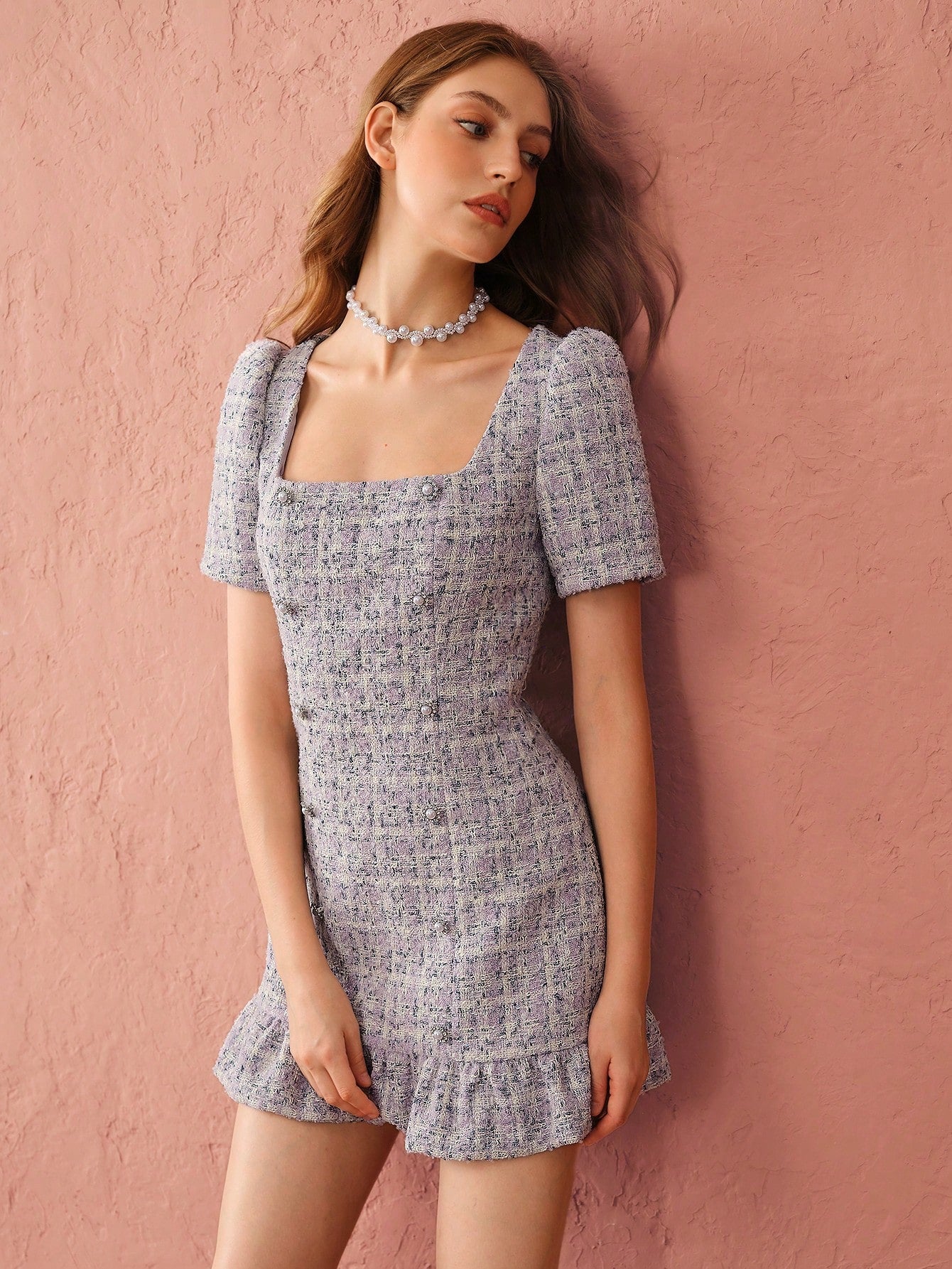 Enchnt Pearl Button Tweed Mini Dress