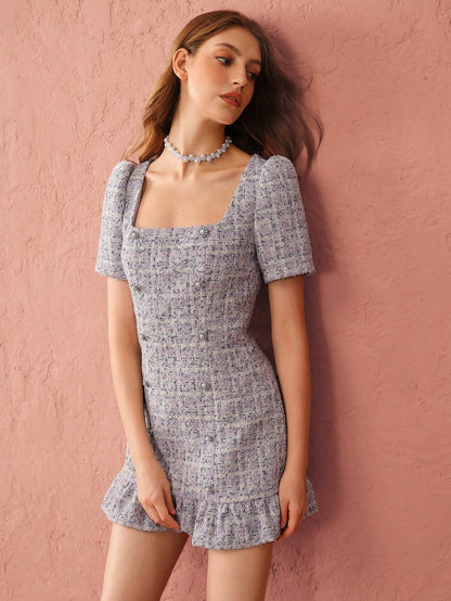 Enchnt Pearl Button Tweed Mini Dress