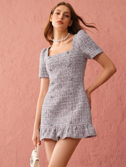 Enchnt Pearl Button Tweed Mini Dress