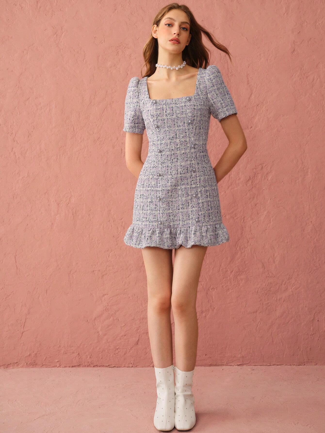 Enchnt Pearl Button Tweed Mini Dress