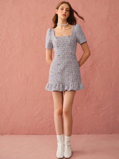 Enchnt Pearl Button Tweed Mini Dress